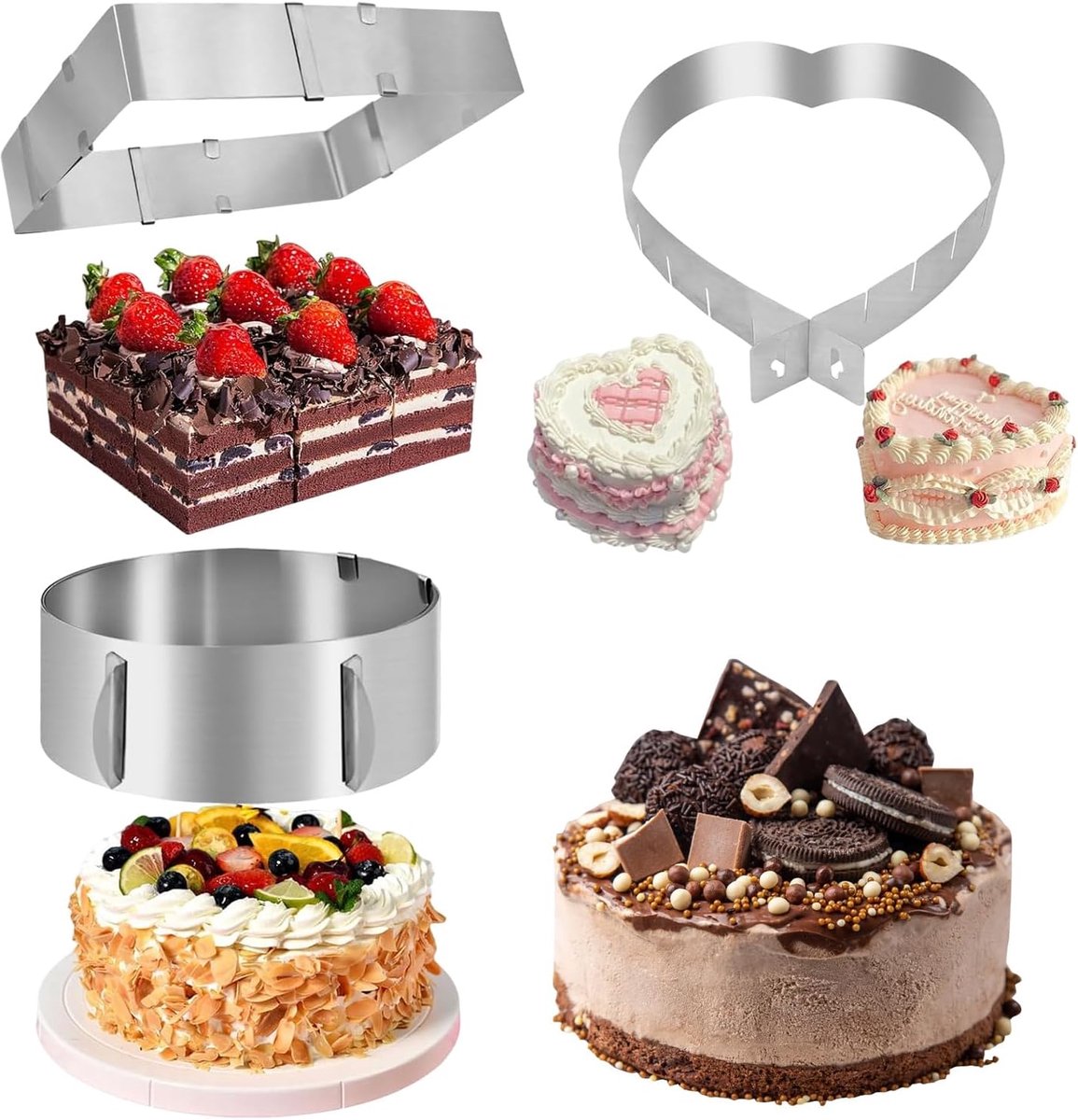 Cake ring set 3 stuks - 5 cm roestvrij staal - verstelbaar hartvorm en rechthoekig - ideaal voor het bakken van taarten - ShopVlot