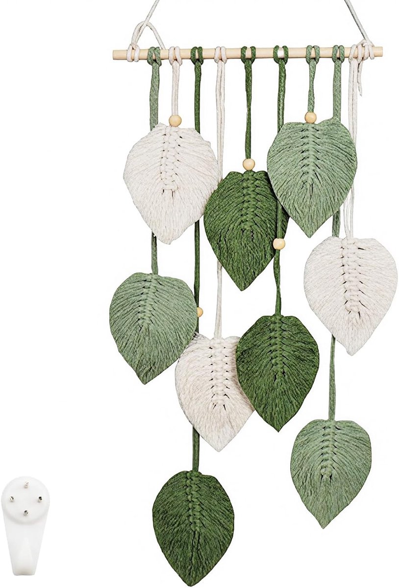 Macramé wandtapijt 25x55 cm - handgemaakt - met houten kralen en groene bladeren - unieke wanddecoratie voor slaapkamer - ShopVlot
