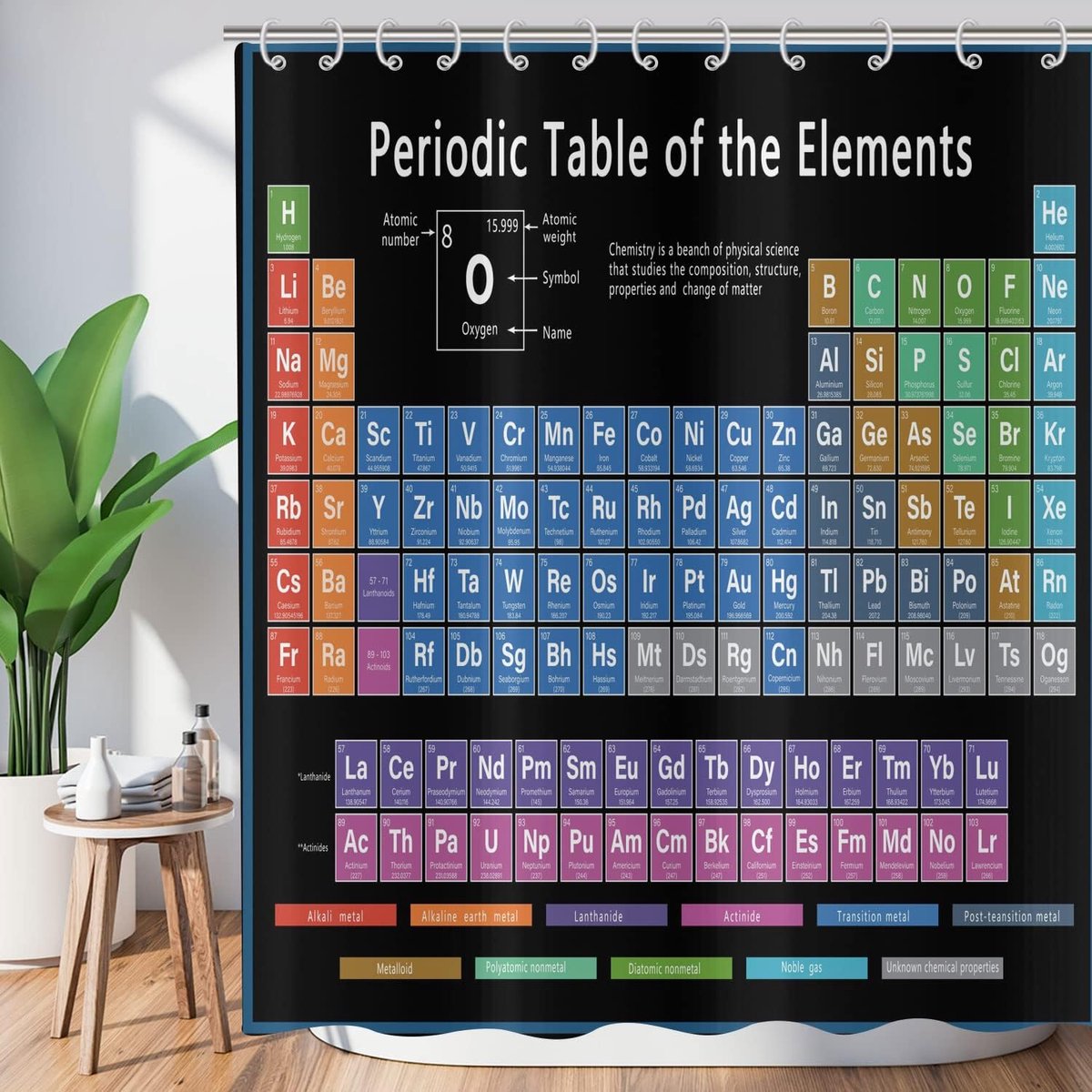 Douchegordijn Periodiek Systeem 180x200cm - Zwart Polyester - Waterdicht en Antischimmel - Ideaal voor Badkuip - ShopVlot