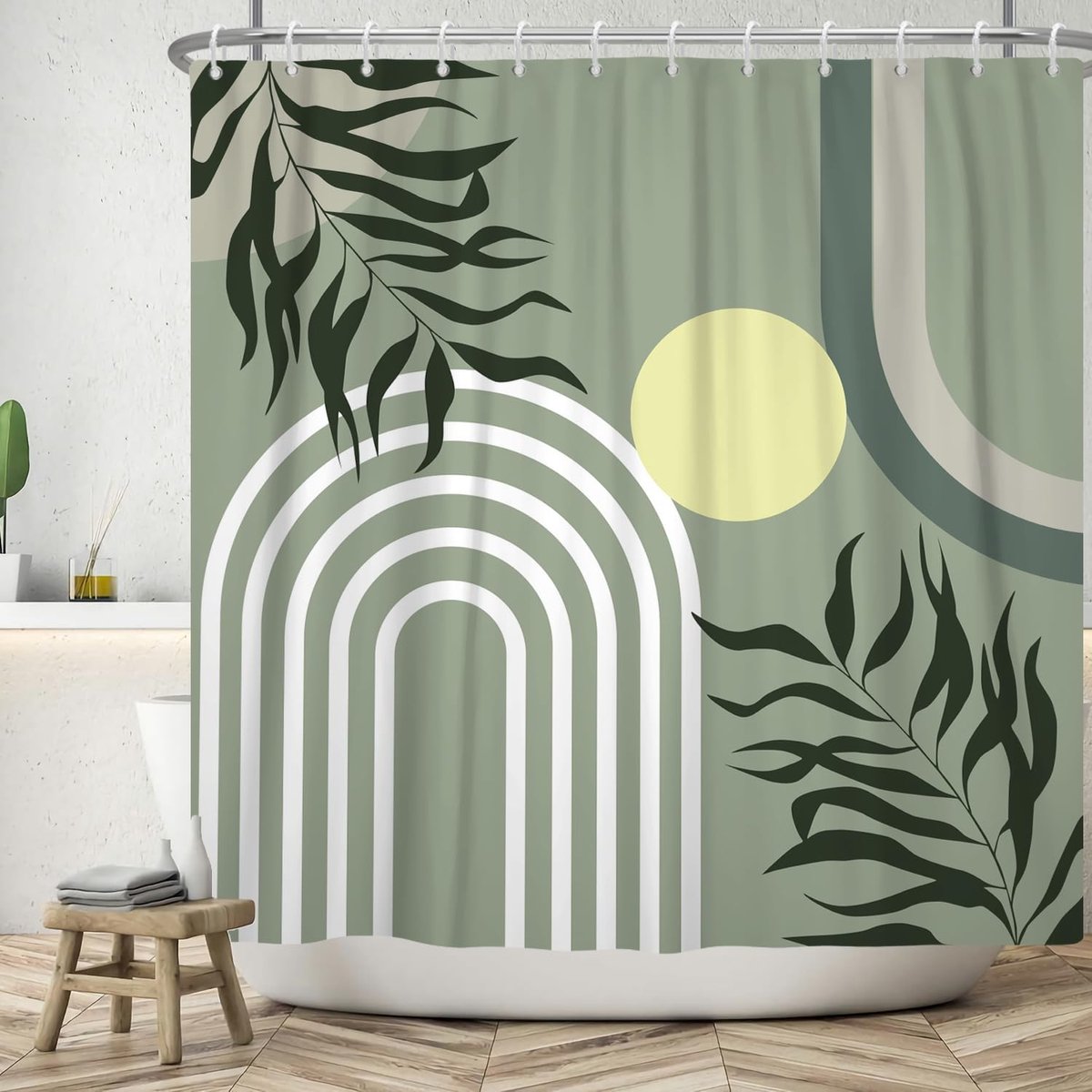 Douchegordijn 180x200 cm - Modern Abstract Boho Stijl - Groene Bladeren Gele Zon - Verfraai je badkamer - ShopVlot