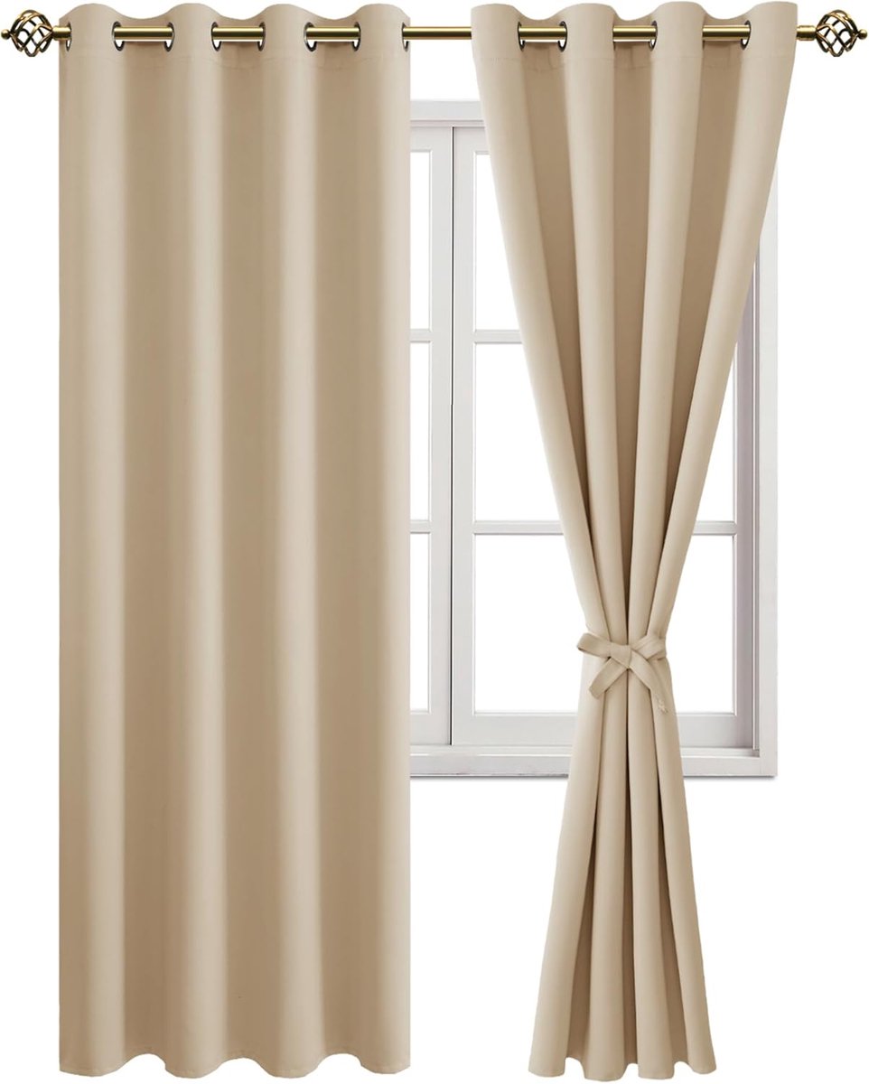 Zwarteout gordijnen 215 x 132 cm - oogjes - beige - decoratieve raamdecoratie - ShopVlot