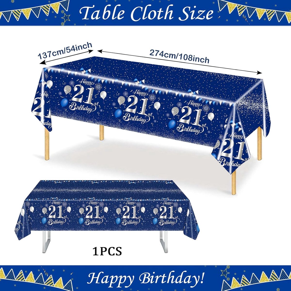 Tafellaken voor 21e verjaardag - Marineblauw Zilver - 54x108 Inch Waterdicht - Perfect voor feestelijke gelegenheden - ShopVlot