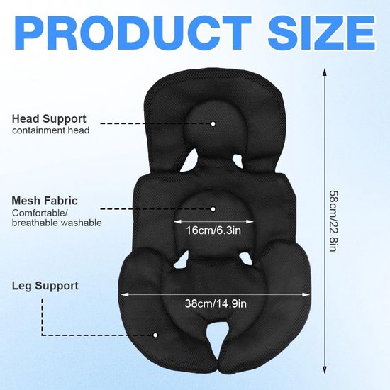 Kinderwagenkussen, autostoelverkleiner voor baby's, 3D mesh stof zitverkleiner, comfortabel en ademend voor kinderwagen, autostoel, kinderstoel, zwart — afbeelding 4