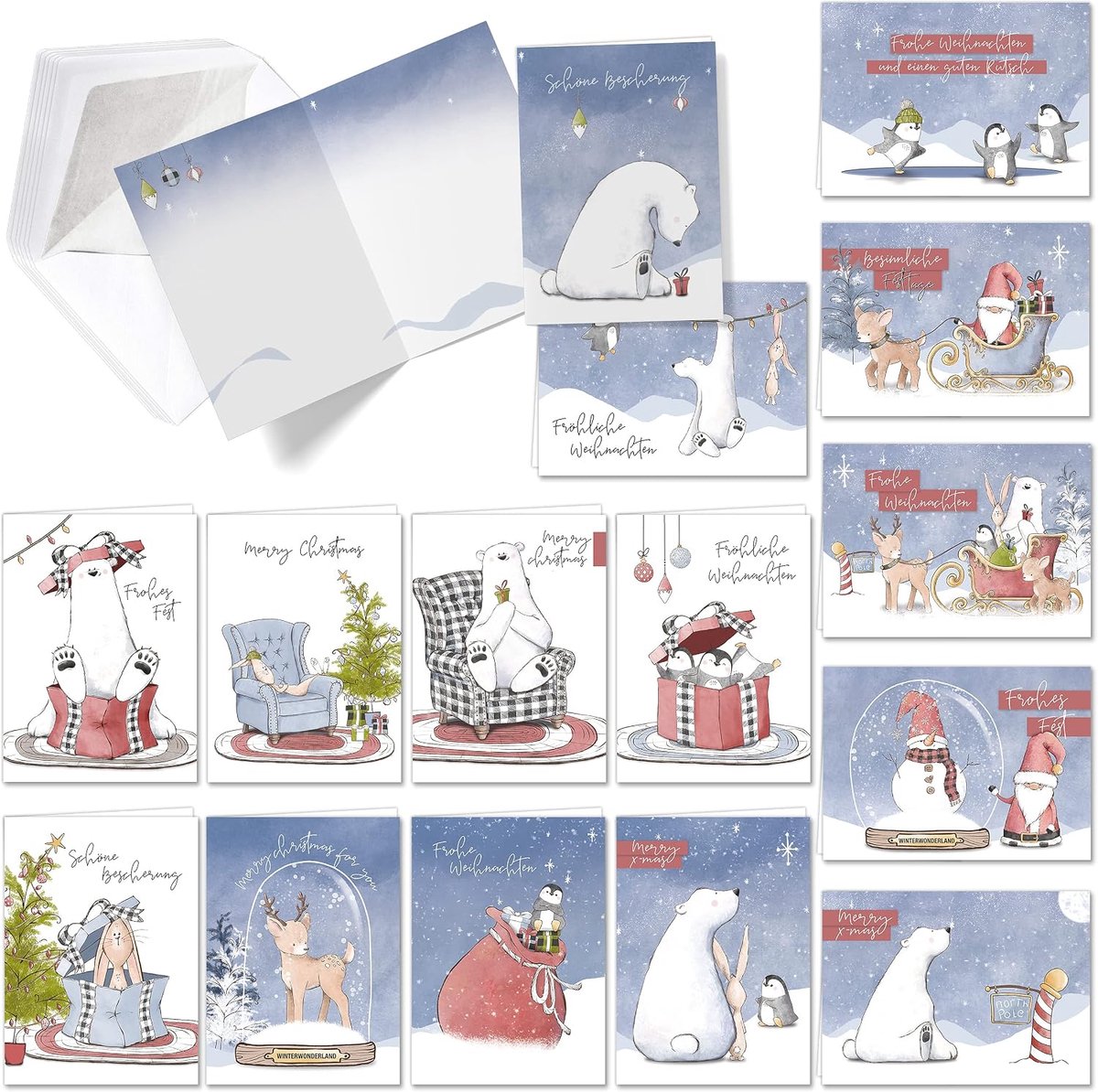 Kerstkaarten set - 15 grappige dubbele kaarten - met dieren envelop in sneeuw - voor een vrolijke verrassing - ShopVlot
