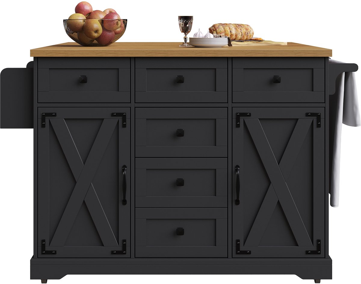 Re-purelife® Keukeneiland op Wielen - Multifunctionele Serveerwagen en Uitklapbare Eettafel - Opbergkast met Houtnerf en Grote Opbergruimte - MDF en Metaal - Zwart hoogwaardige keukeneiland-servierwagen extra werkruimte en opbergruimte