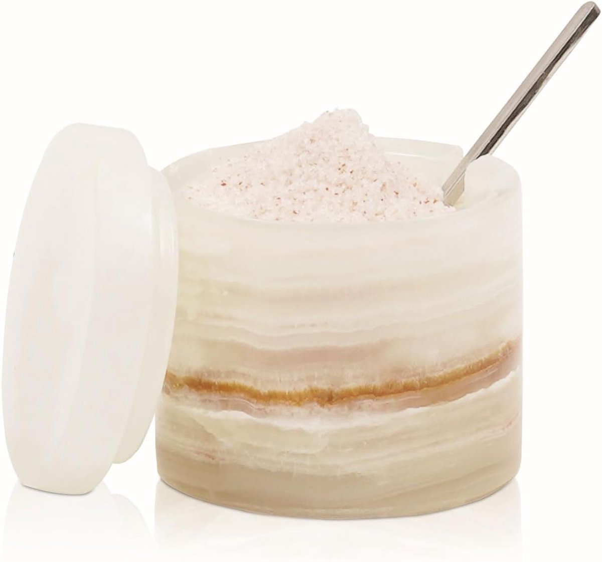 Marmeren zoutcontainer met deksel 7,5cm - crème onyx - elegant design - ideaal voor keukendecoratie - ShopVlot