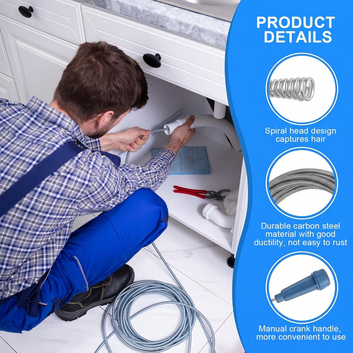 Buisreinigingsspiraal 5 m x 6 mm - roestvrij staal - flexibele afvoerspiral - ideaal voor keuken en badkamer - ShopVlot