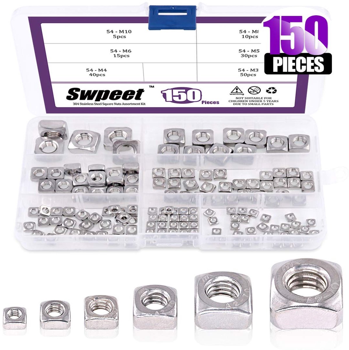 Vierkante moeren set 150 stuks - M3 M4 M5 M6 M8 M10 - 304 roestvrij staal - ideaal voor machinebouw - ShopVlot