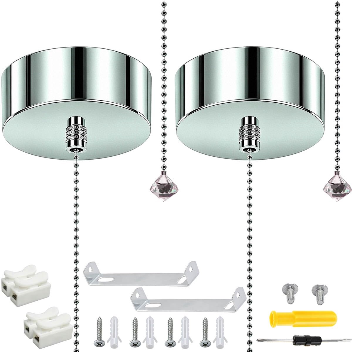 2 kabelgrepen voor badkamer naar lichtschakelaar, kristal, met koord voor badkamer aan 150 cm lange ketting, ideaal - ShopVlot