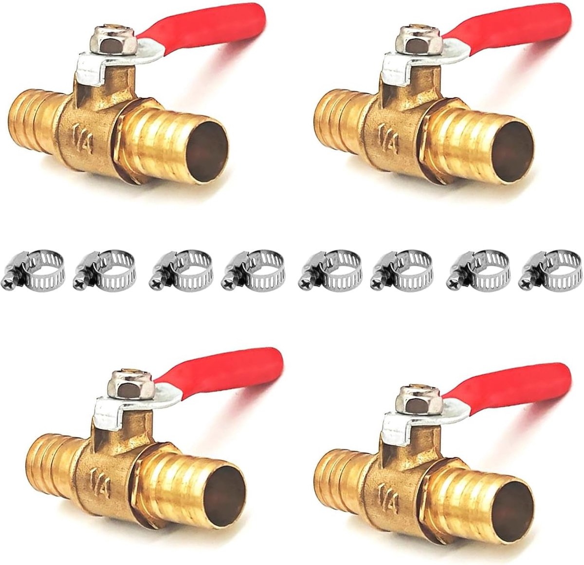 4pcs 12mm 2-Way Shut-Off Ball Valve with 8 Clamps, Straight Hose Nozzle, 180 Degree Control Handle, Brass Valve (12mm) - ShopVlot