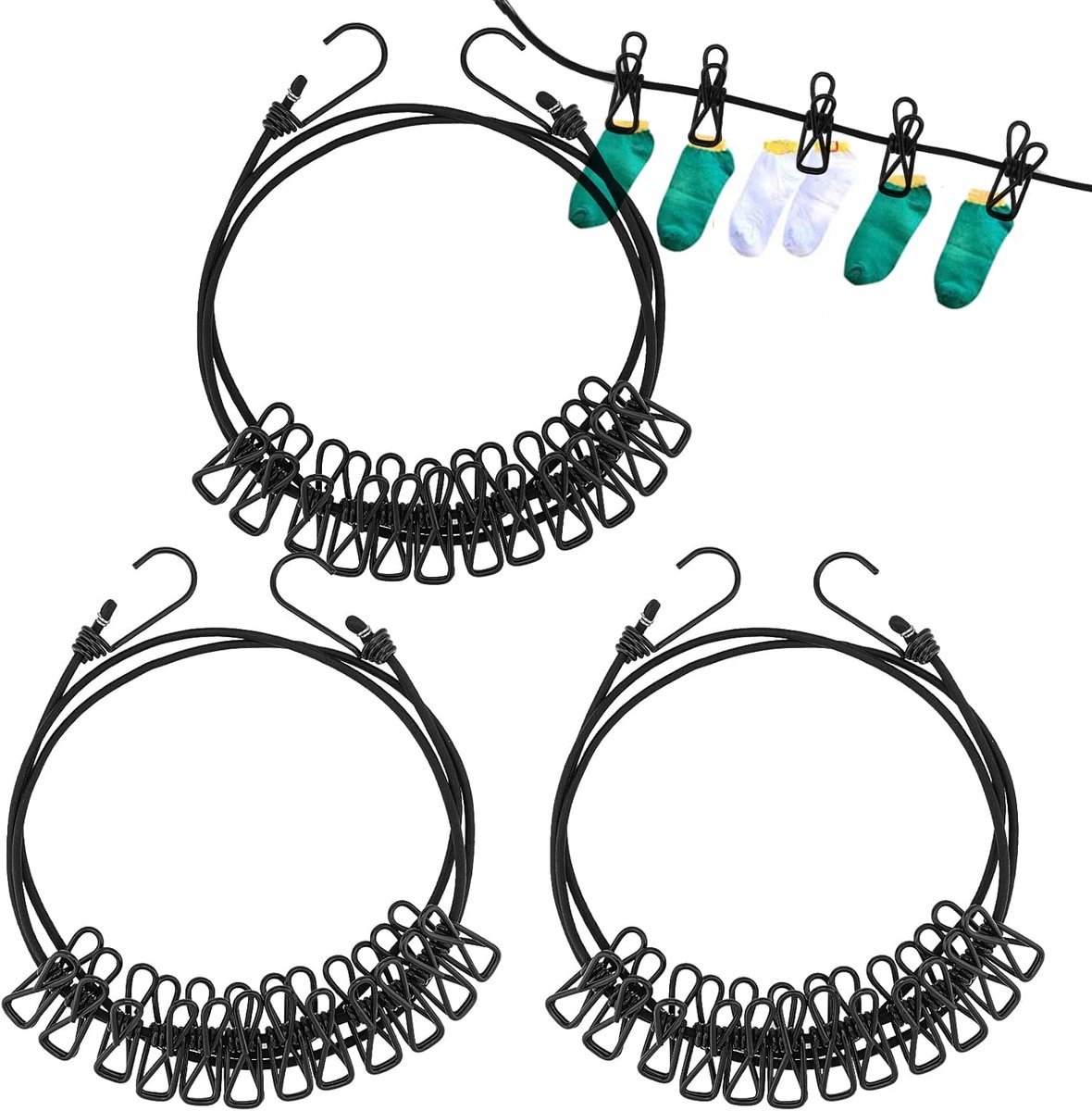 3pcs 185-380cm Travel Clothesline, Portable Camping Clothesline with 12 Clips, Flexible Elastic Outdoor Clothesline - ShopVlot