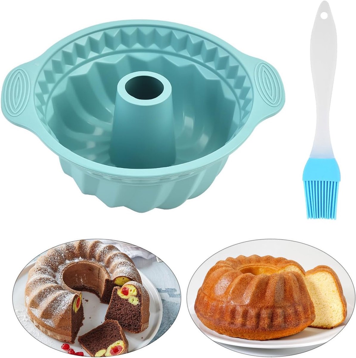 1 piece threaded cake pan, 1 piece oil brush, ribbed silicone baking mold, round baking mold with handle, bread baking - ShopVlot
