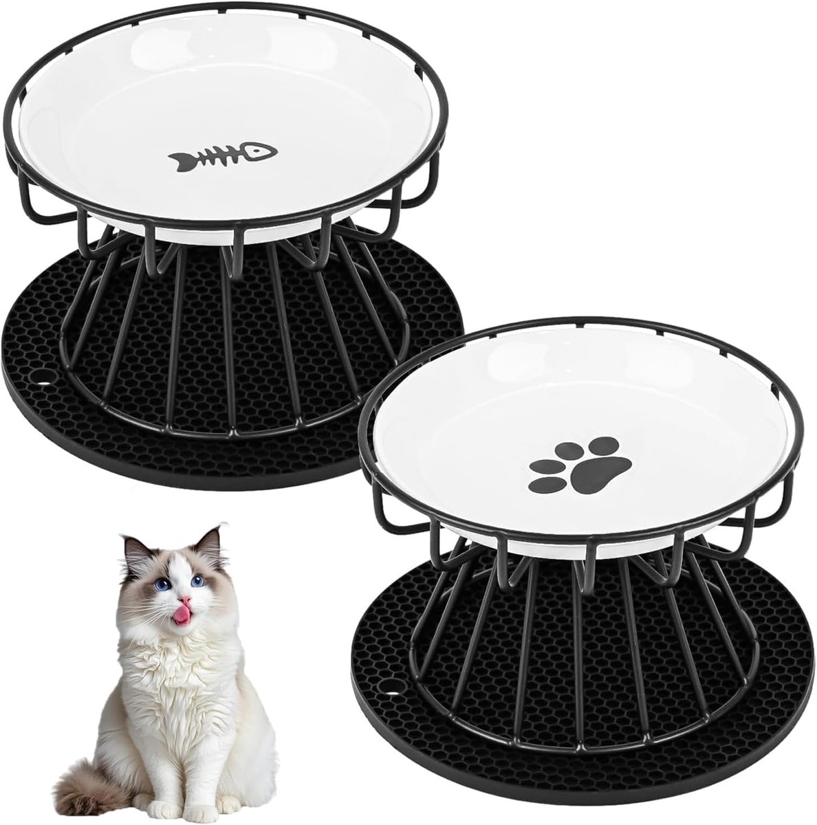 Set van 2 verhoogde kommen voor katten van keramiek, verhoogde voerbakken van keramiek voor katten met siliconen - ShopVlot