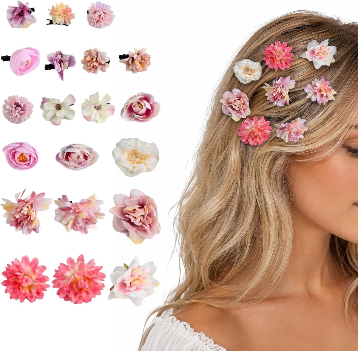 21 Stuks Bloemen Haarspangen Set voor Dames & Meisjes – Droogbloemen & Roze-Paarse Zijden Bloemen – Boho Haarsieraden - ShopVlot