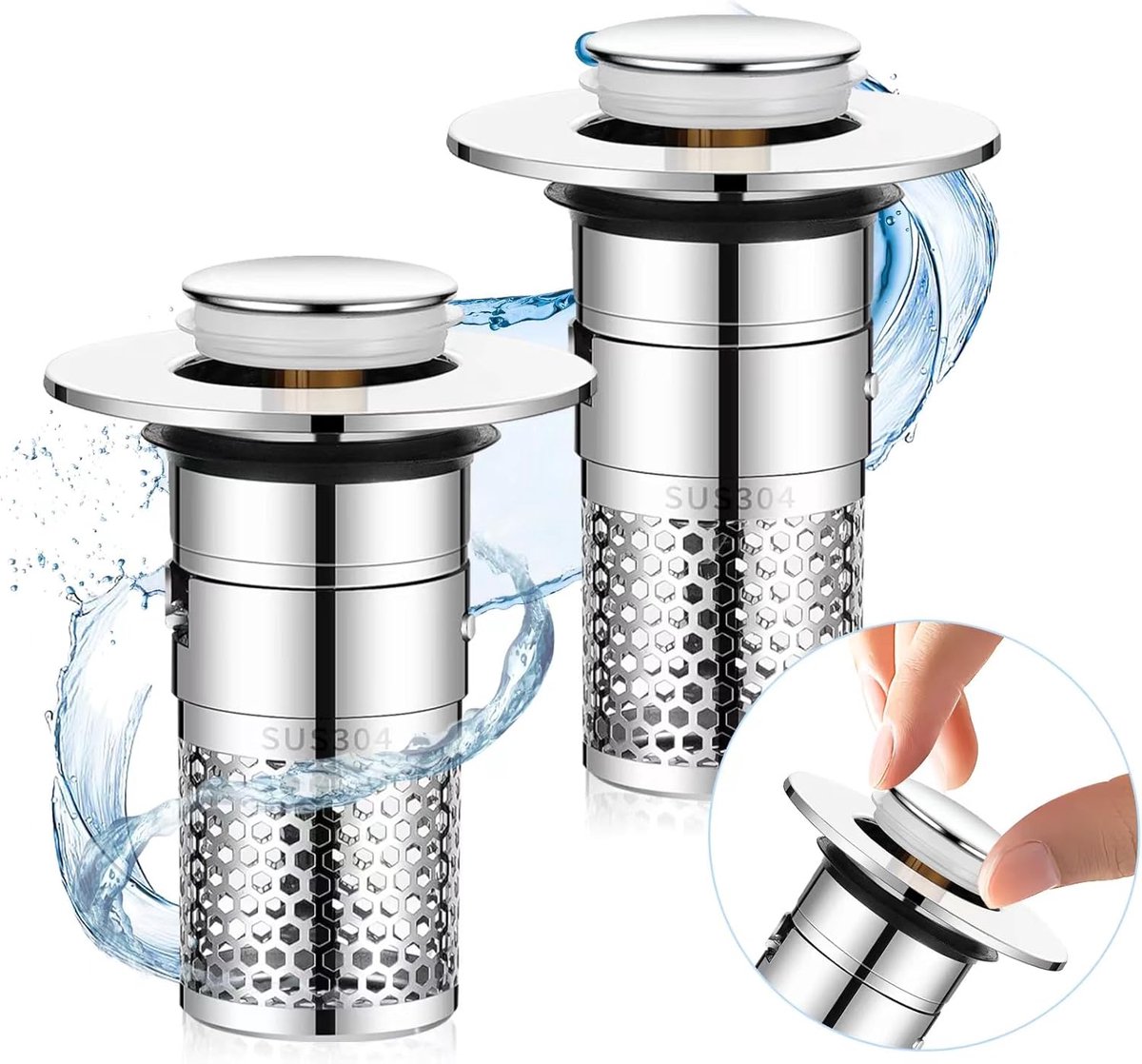 2 Pcs Basin Stopper, Drain Stop with Filter, 34-40mm, Universal Pop-Up Drain Strainer Stop, Washbasin, Bathroom - ShopVlot
