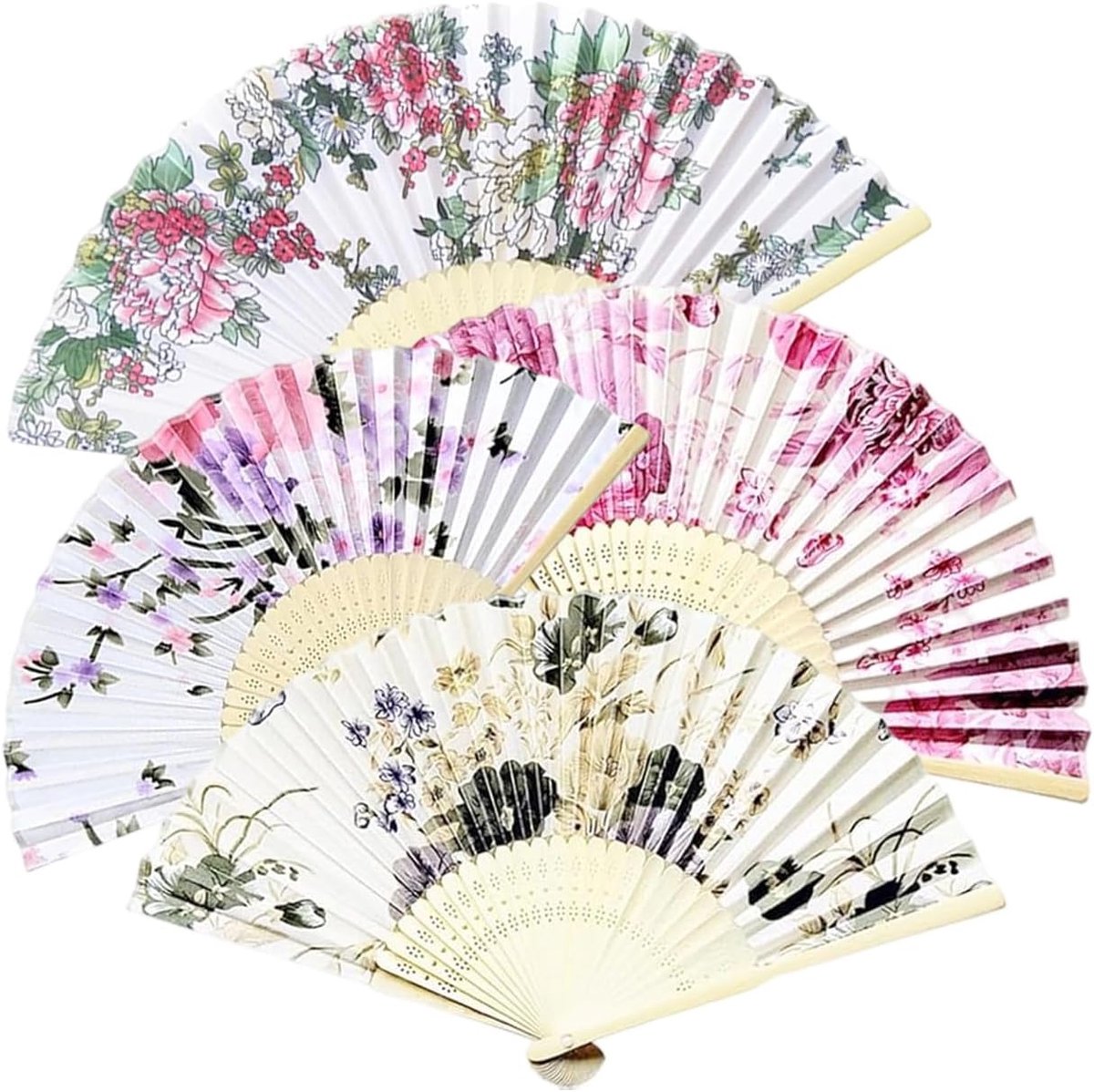 Fleurs Pack of 4 Folding Fans Original Print for Dance Party Wedding Gifts - ShopVlot