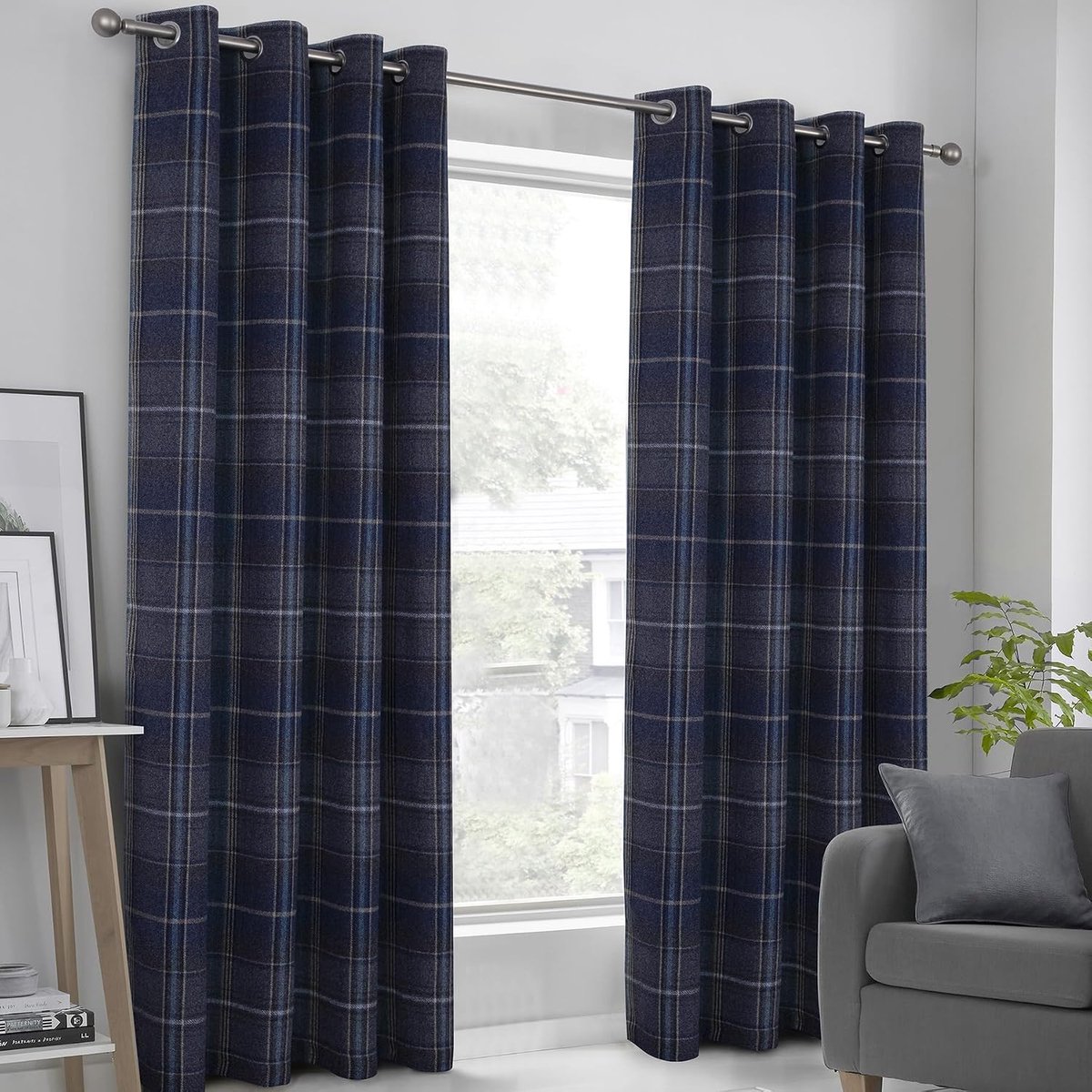 always4u 100% Opaque Checkered Curtains with Eyelets, 140 x 245 cm, Pack of 2 Thermal Insulated Blackout Curtains for - ShopVlot