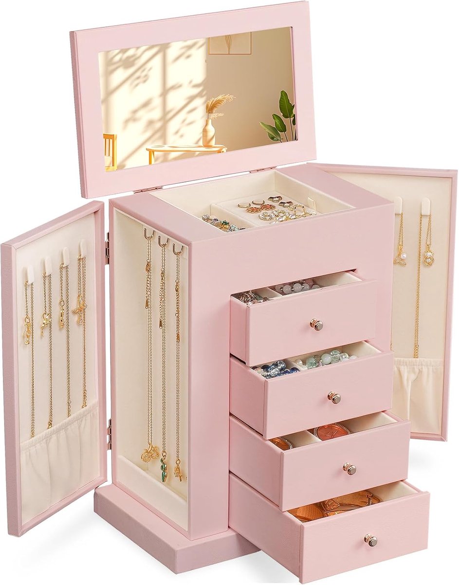 Sieradenkistje voor dames, 5 lagen, leer, organizer voor sieraden met spiegel en 4 laden, groot sieradendoosje voor - ShopVlot
