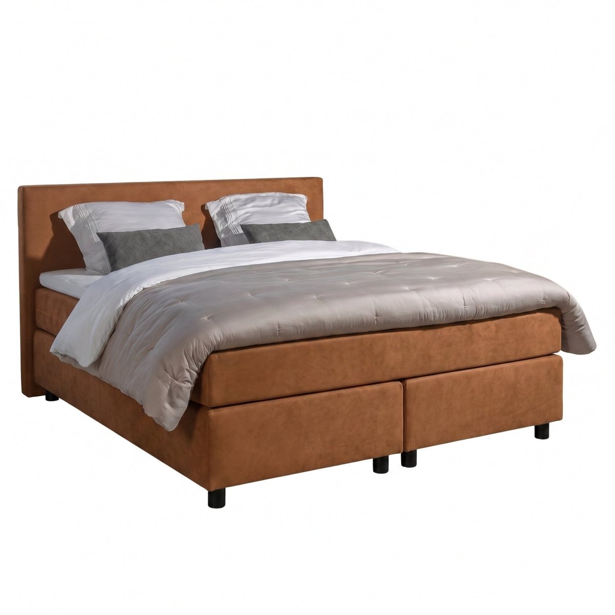Mörgenn Boxspring Amsterdam - Pocketvering - Cognac Lederlook - 140x220 cm - Inclusief Dekbed en Kussens