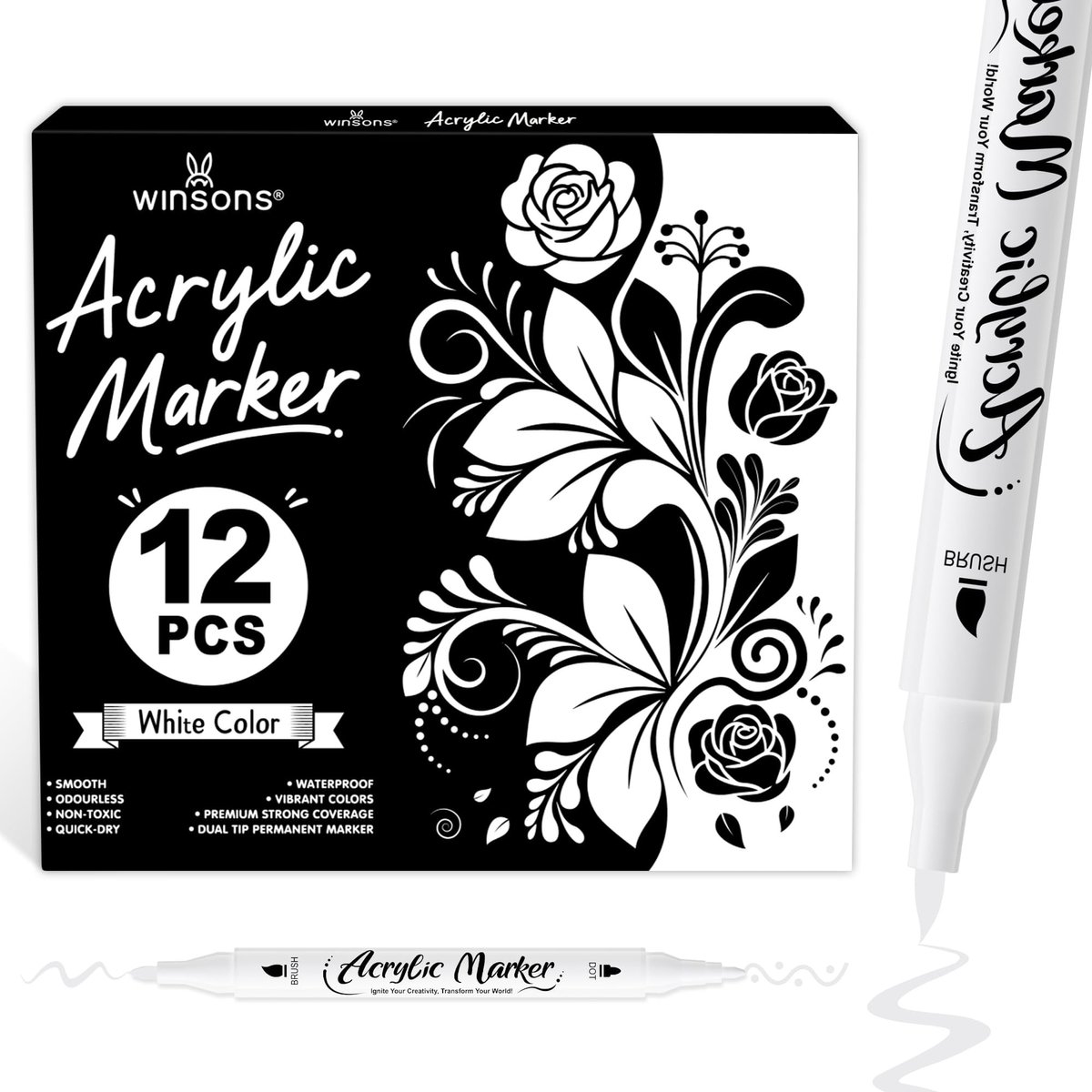 Solidchoice - 12 Stuks Witte Acryl Markers met Dubbele Punt, Waterdicht en Niet-Toxisch