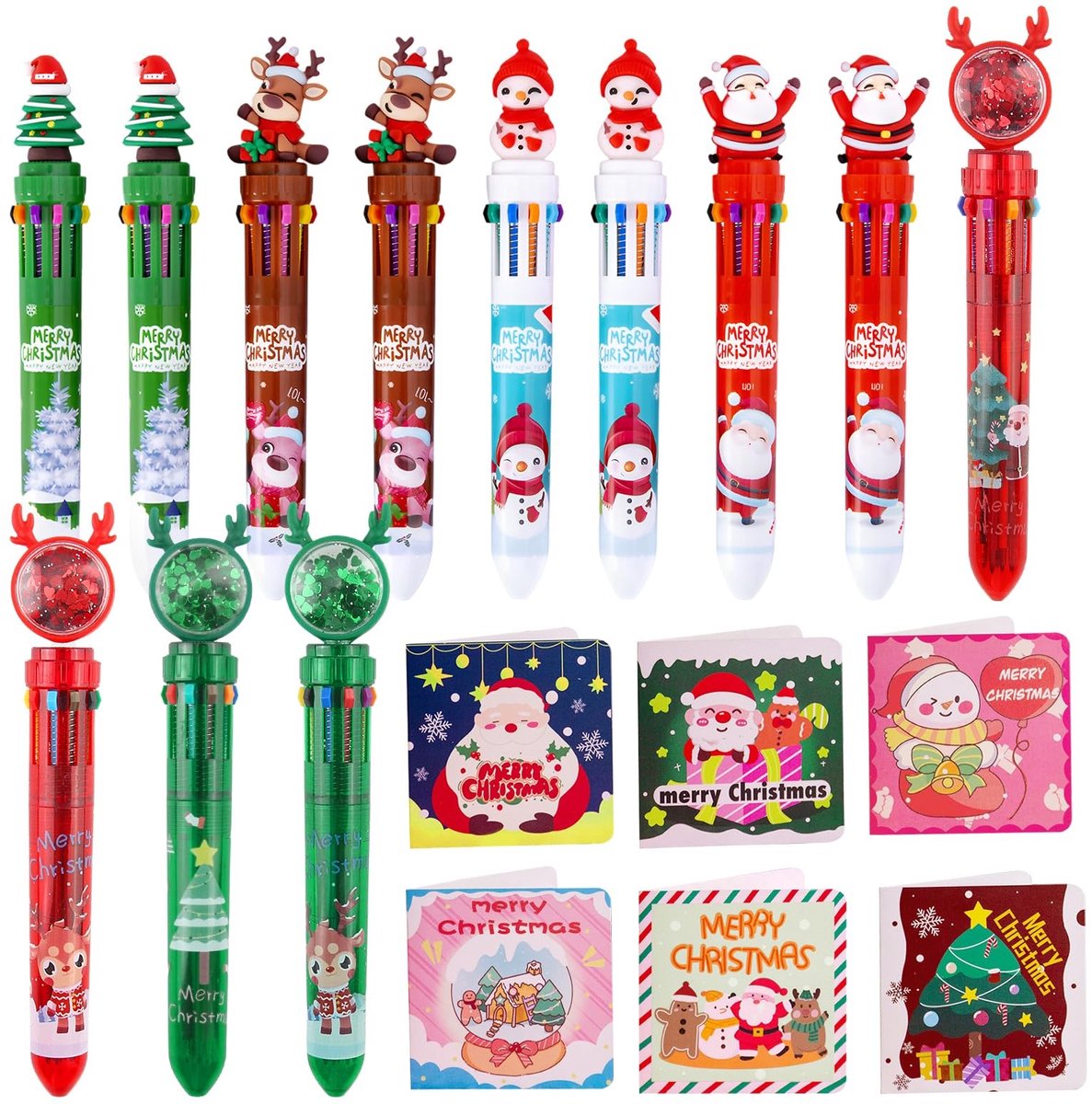 24 Pcs Christmas Ballpoint Pen, 10-in-1 Ballpoint Pen for Christmas with Christmas Cards, Retractable Gel Pen - ShopVlot