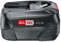 Bosch 18V 4.0 Ah accu. Zwarte behuizing met grijs detail en rode indicator. Tekst: "POWER FOR ALL 18V SYSTEM 4.0 Ah".
