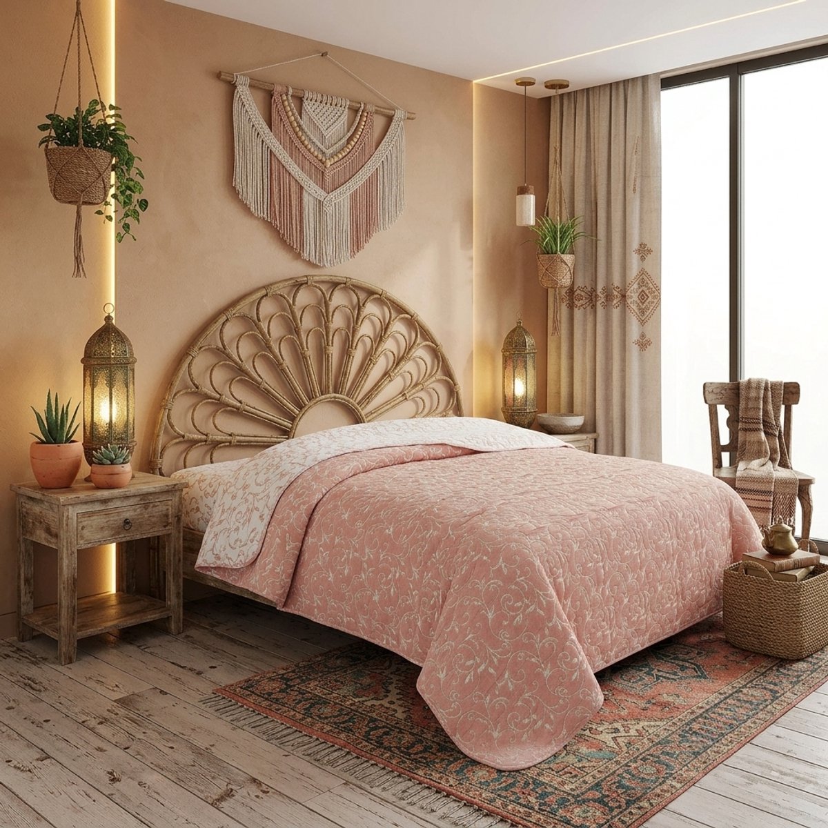 TRANKIELO® - Sprei 220x240 cm - Modern rankendesign - Zacht gewatteerd - Roze - Bedsprei