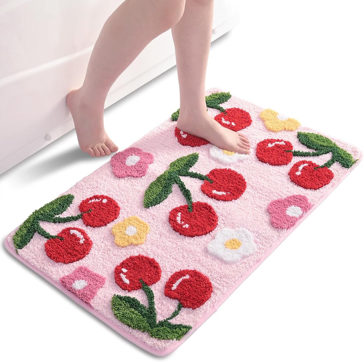 QJHOMO Pink Bathroom Rug, Cherry Bath Mat, Non-Slip Washable Colourful Soft Microfiber Shower Mat Absorbent Bathroom - ShopVlot