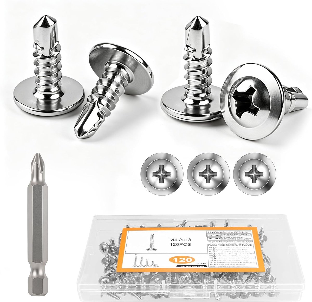 Pack of 120 Metal Screws Self Tapping Screws Stainless Steel Plate Screws Self Tapping Screws Metal M4.2x13mm Drill - ShopVlot