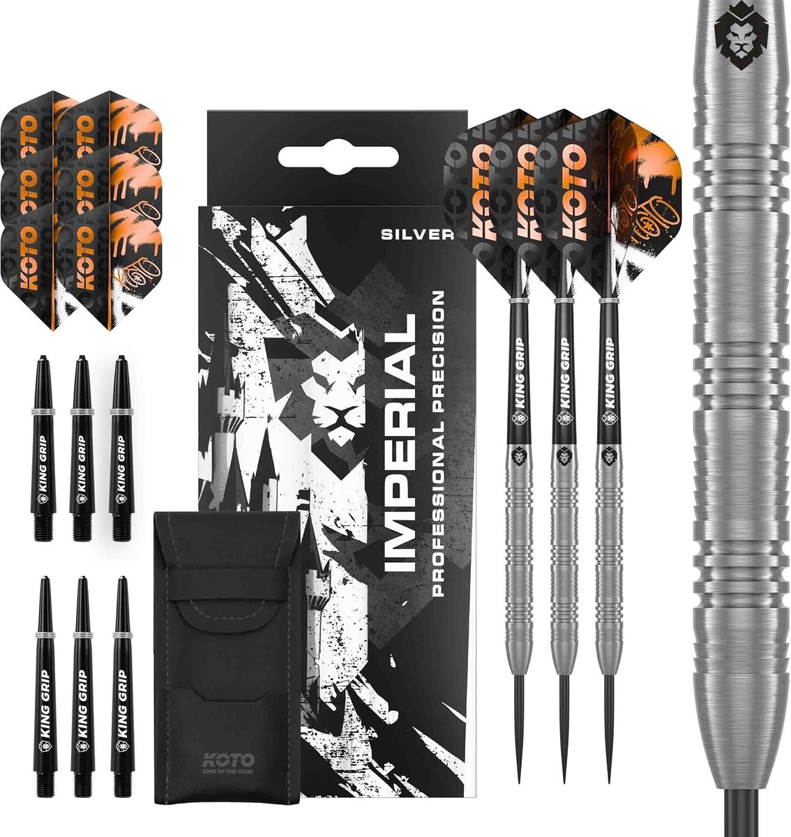 KOTO Imperial Silver 80% Steel Tip Dart Flights - 24G Steeltip Darts, Incl. 3 Barrels, 3 Dart Flights & 3 Shafts - ShopVlot
