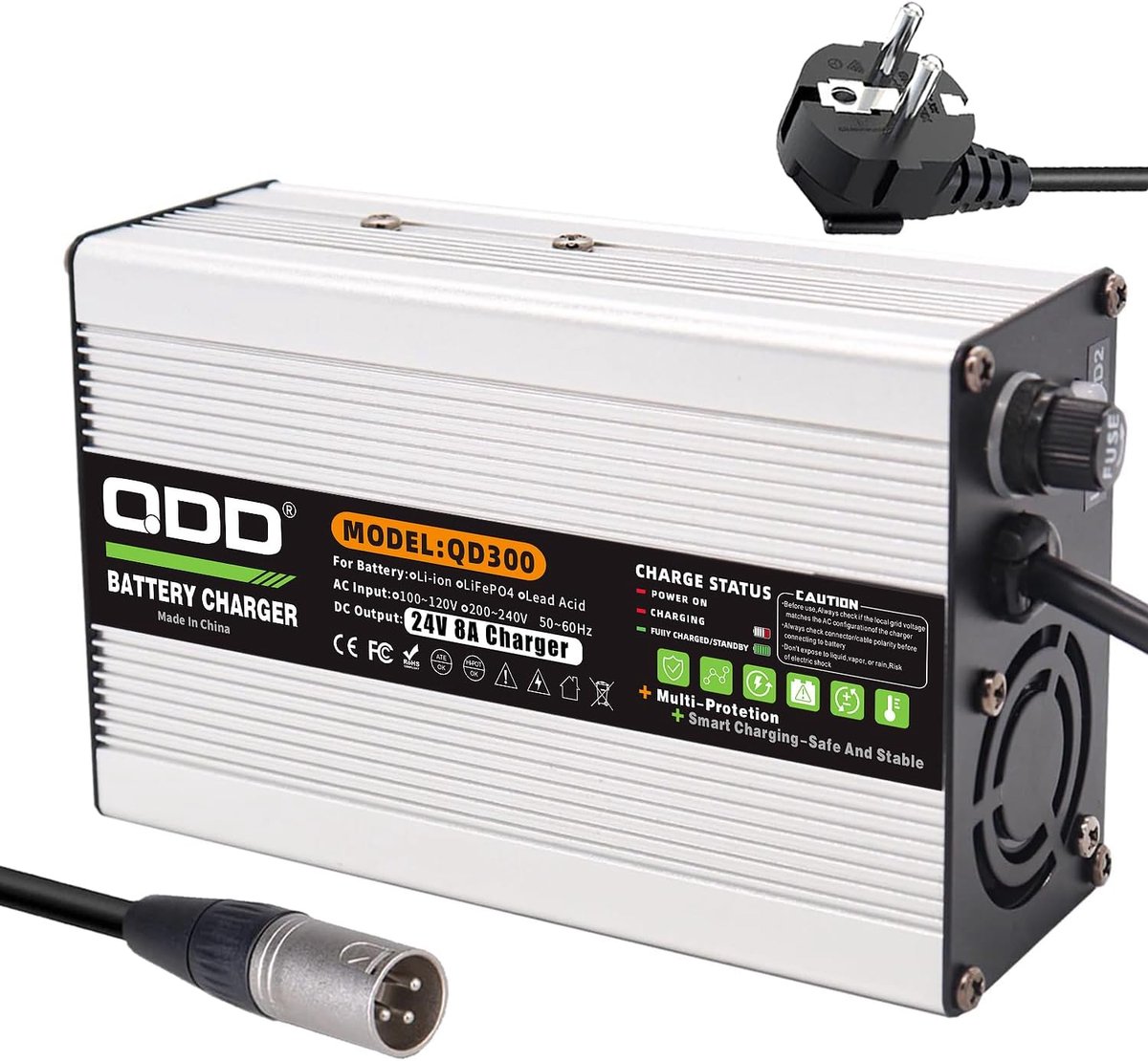 QDD 24V 8A Charger 27.6V Lead Acid Charger for 24V Lead Acid AGM-Gel-VRLA-OPZV Battery with 3-Pin XLR 1+2 Socket - ShopVlot