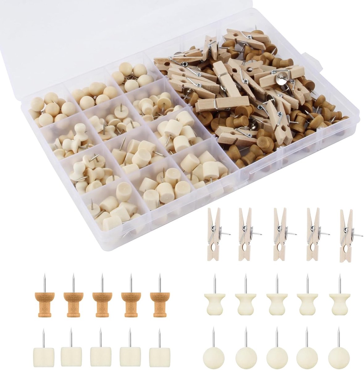 ot of 200 wooden push pins – 5 pillars – mini push pins with box – for crafts, cork board, photos, posters - ShopVlot