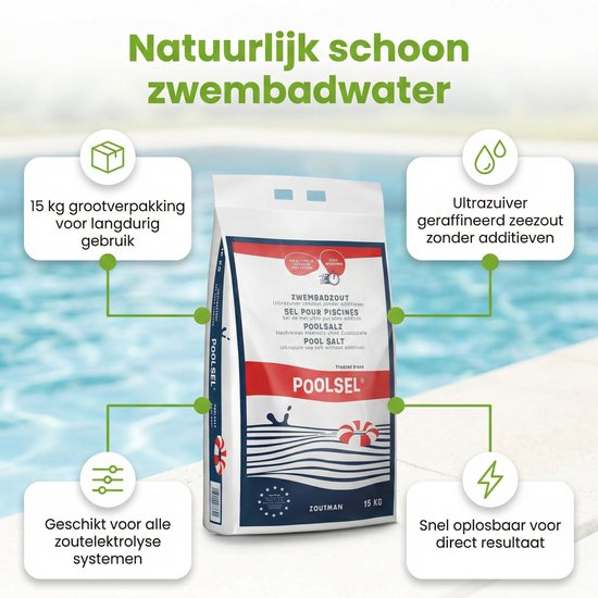 Zak van 15 kg Intex zwembadzout, ultrafijn zeezout zonder additieven.