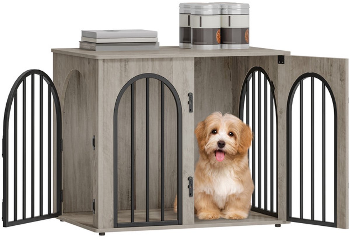 Hzuaneri 68 cm Hondenbench, meubel, hondenbox, 3 deuren, gebogen deur, moderne hondenboxs binnen voor honden, bijzettafel, hondenkooi voor thuis, robuuste hondenbox, 49 x 68 x 56 cm, Lichtivoor