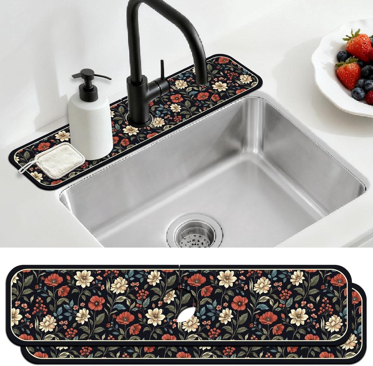 2 Stks Boheemse Bloemen Aanrecht Splash Guard Kraan Mat Bloem Kraan Mat voor Gootstenen Absorberende Droogmat voor - ShopVlot
