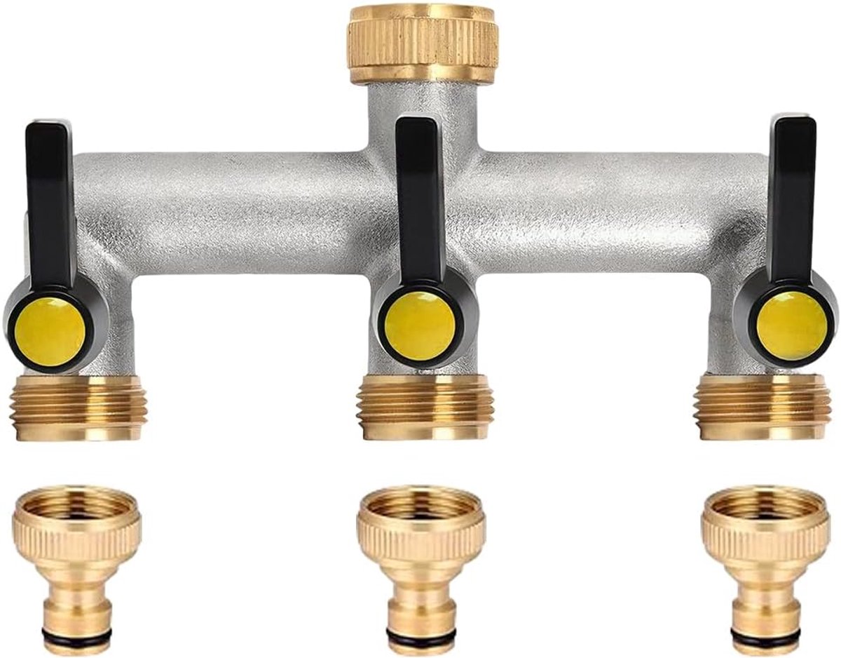 3 Way Water Tap Water Distributor, 3 Way Distributor Water, 3/4 Inch Brass Water Hookup Divider, Nickel Plated Brass - ShopVlot