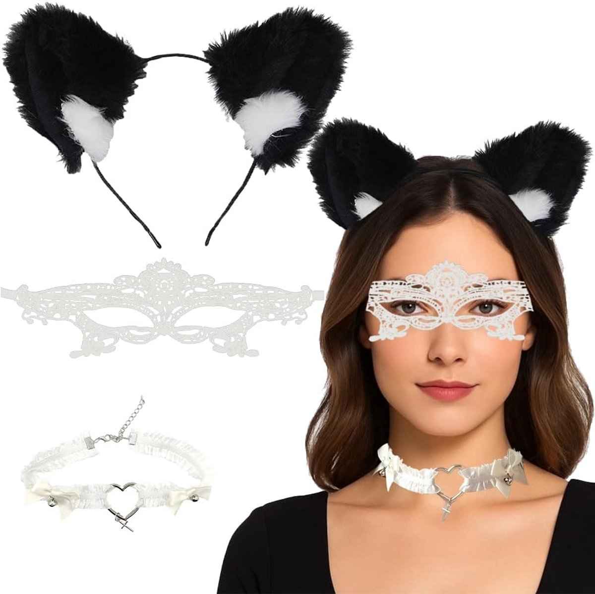 Lace Masquerade Costume Jewellery Set, Halloween Sexy Lace Costume for Women Cat Ears Hairband White Masquerade Mask - ShopVlot
