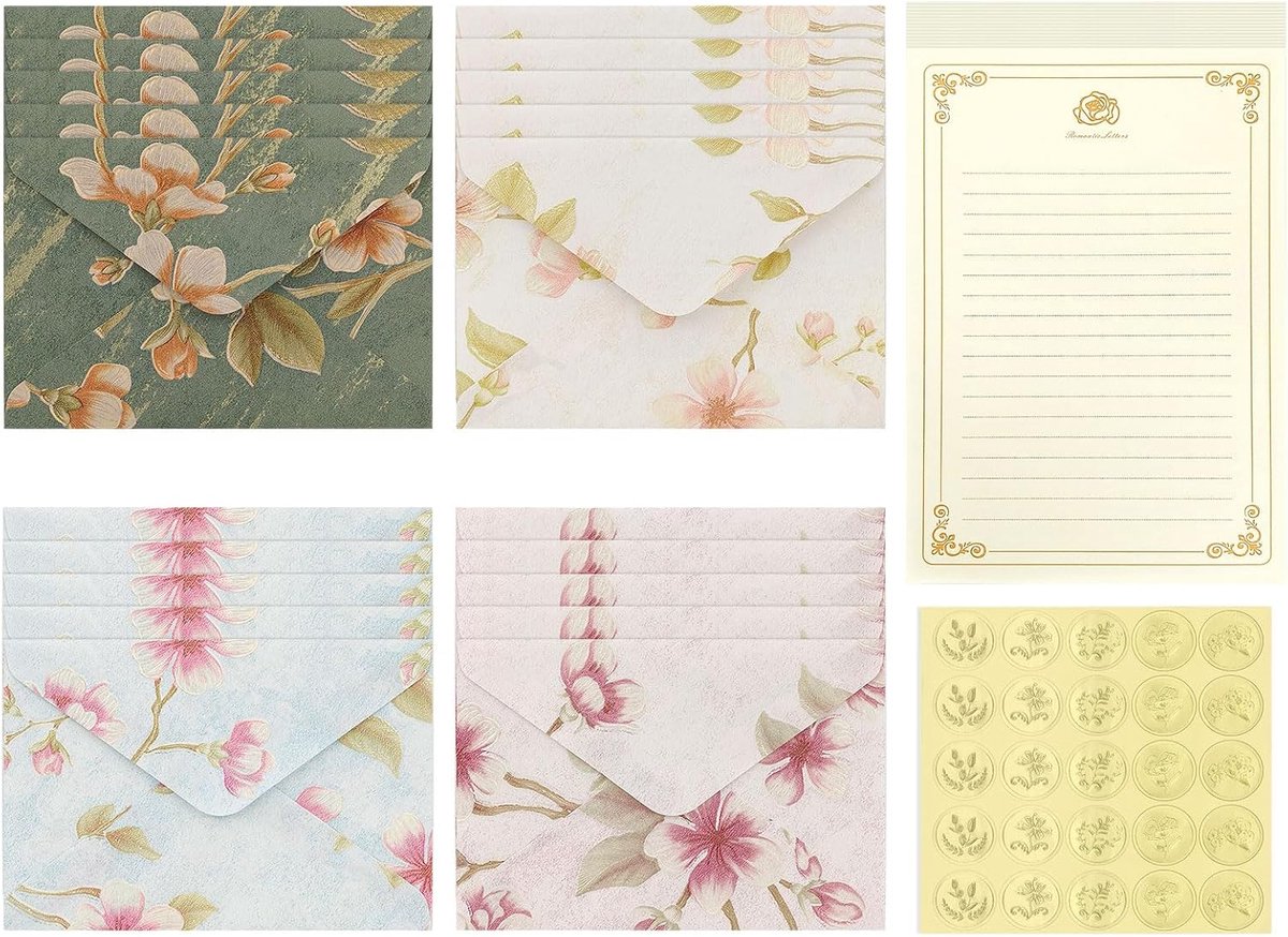 Stationery and Envelopes Set, 20 Embossed Flower Envelopes + 40 Lined Stationery Paper + 25 Gold Stickers, Vintage - ShopVlot