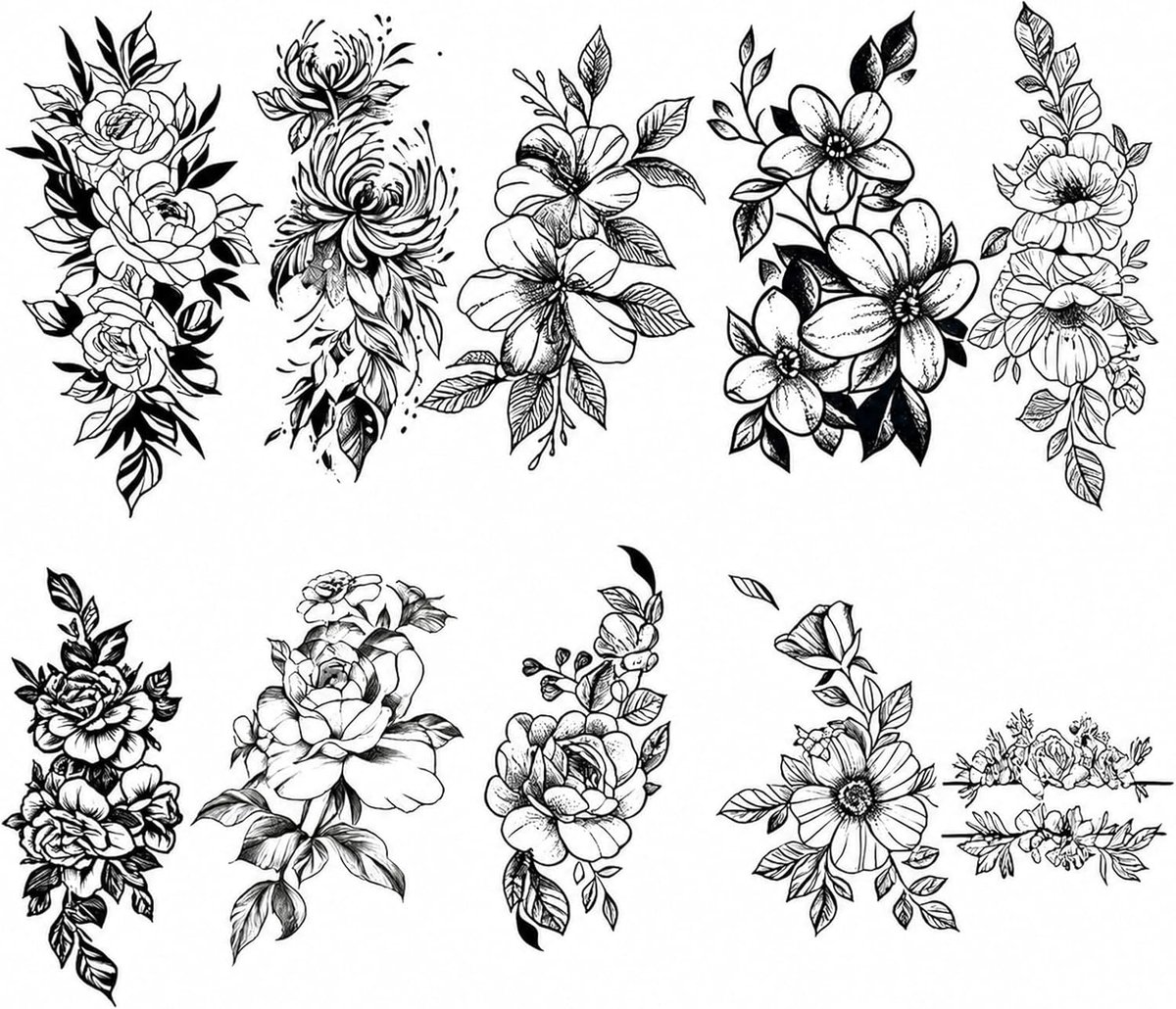 Valse tatoeages, tijdelijke tatoeages, 10 vellen valse tatoeages met halve arm, bloemenpatroon, waterdicht, zacht en - ShopVlot
