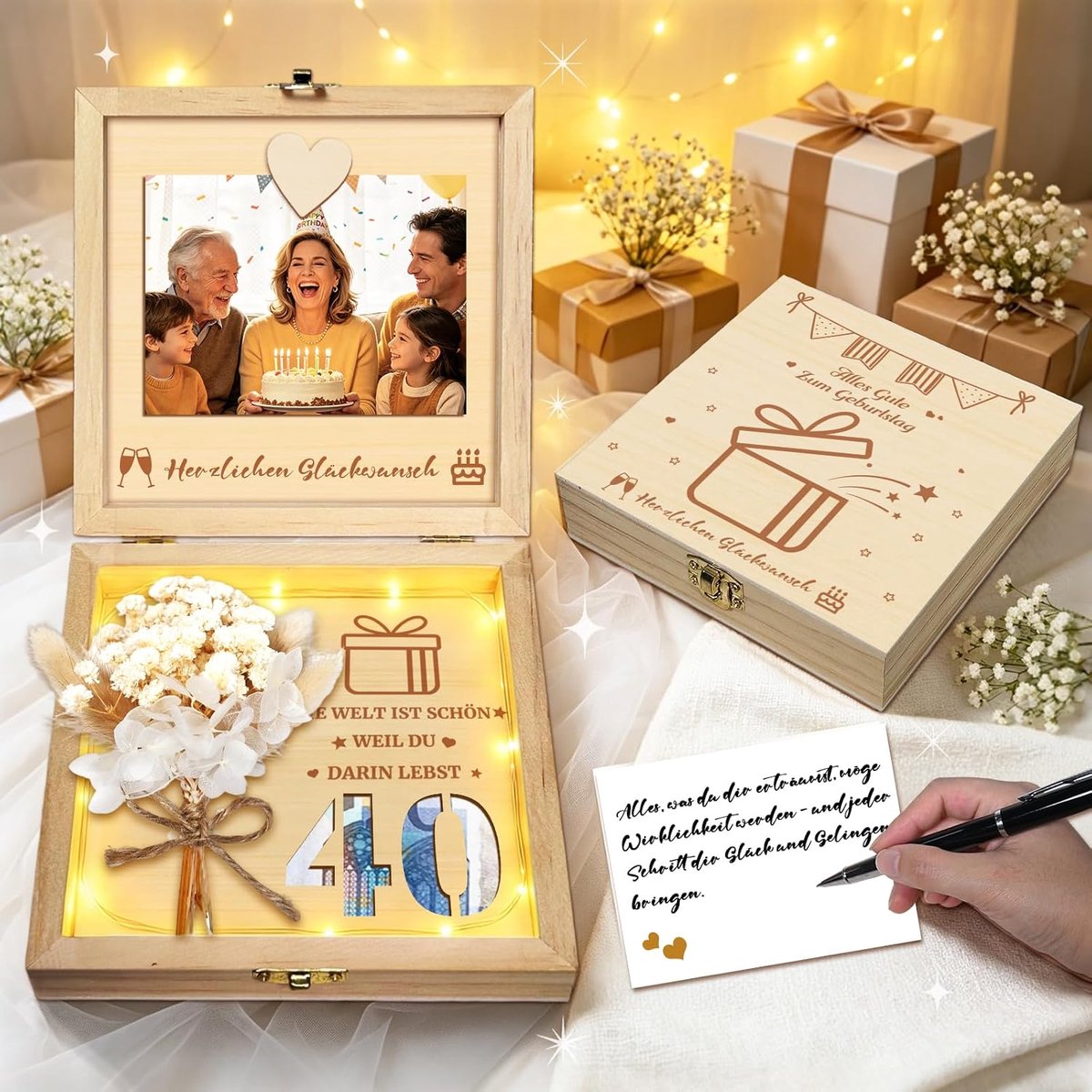 21e verjaardag meisje cadeau, geldgeschenk 21e verjaardag houten geschenkdoos met lichtketting en kunstbloemen - ShopVlot