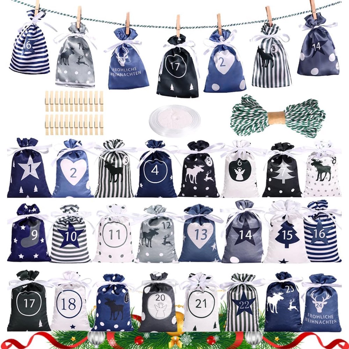 24 fabric bags for advent calendars, 12 x 21 cm, large advent calendar for filling, Christmas calendar 2024, for - ShopVlot