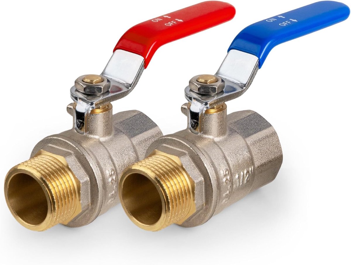 VANCOCO Kogelkraan 1/2 inch AG-IG, set van 2, afsluitkraan van messing, hendelgreep blauw en rood, PN-40 - ShopVlot