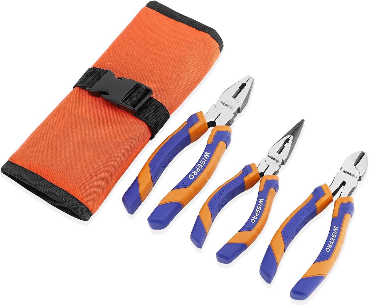 Tangenset, 3-delig, multifunctionele tangset met 180 mm combinatietang, 160 mm punttang, 160 mm zijsnijder, met roltas - ShopVlot