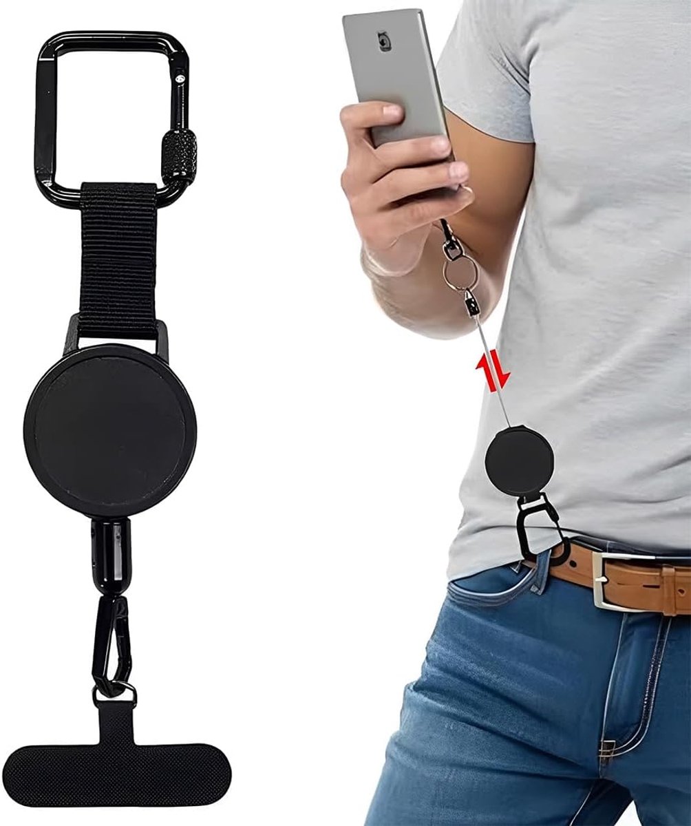 Intrekbare anti-diefstal sleutelband voor mobiele telefoon, sleutelkoord met afsluitbare metalen haak en 360° - ShopVlot