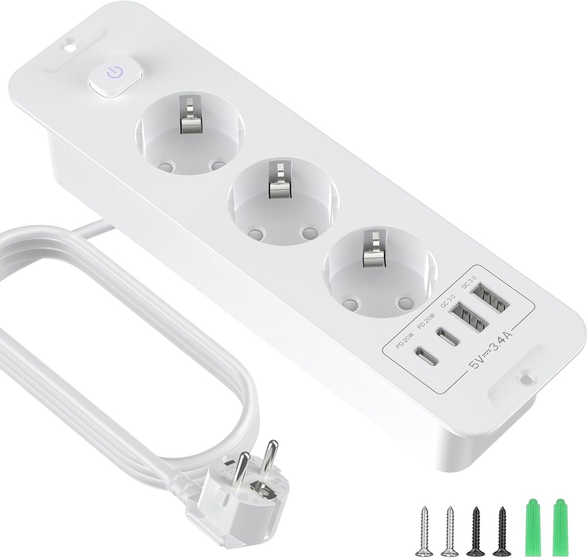 3-Way Flush-Mounted Power Strip with USB-A & USB-C, with 2M Extension Cable and Switch Built-in Power Strip for - ShopVlot