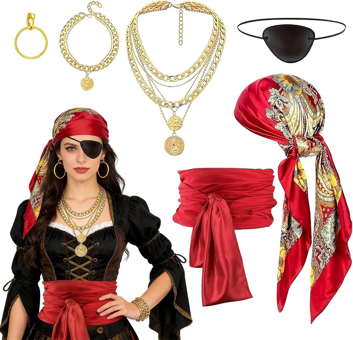 Pirate Costume Women's Set of 6 Accessories (Necklace, Headband, Belt) Ideal for Carnival, Witch Party, Halloween and - ShopVlot
