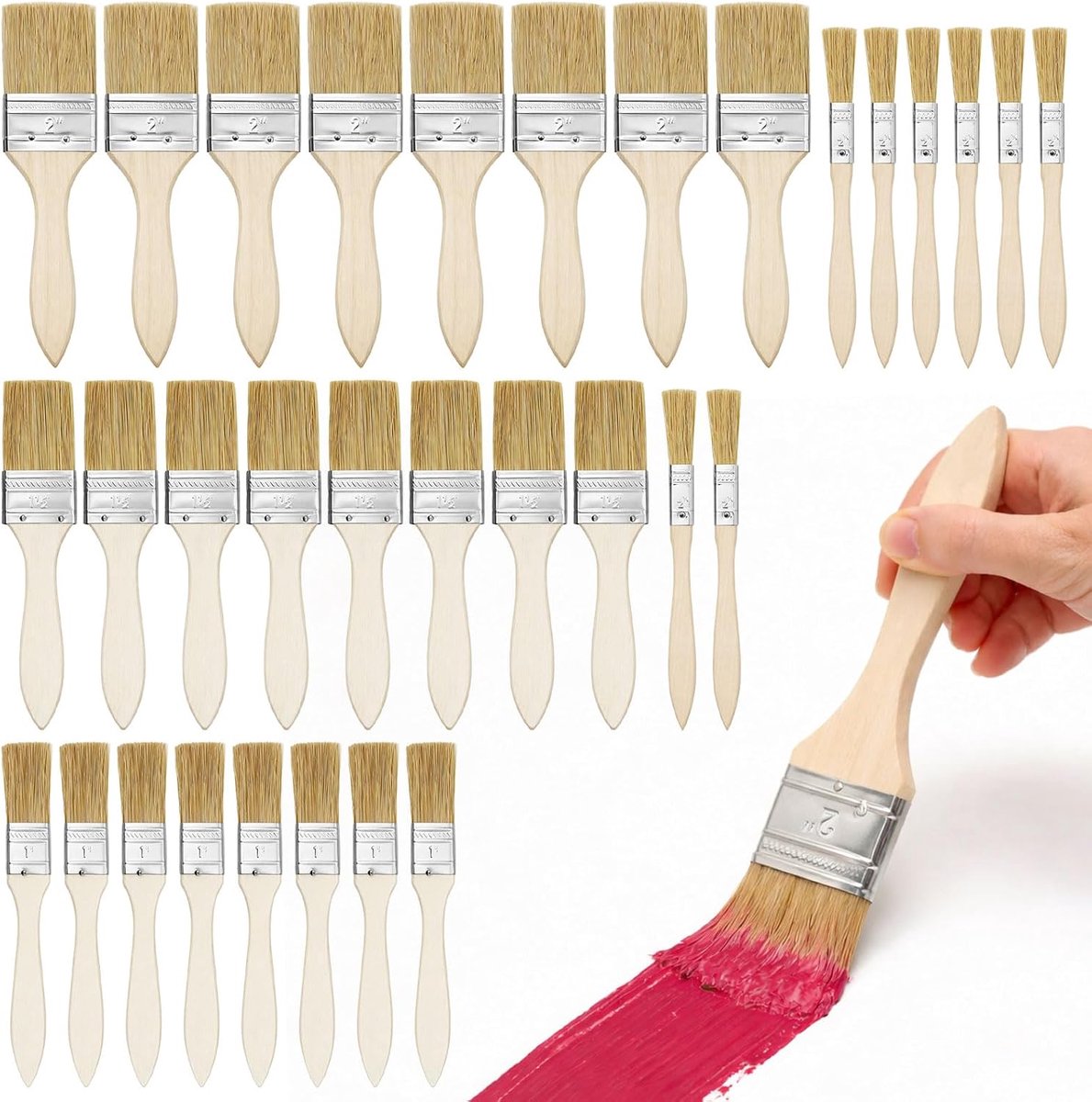 Platte kwastenset, 32 stuks platte kwastenset, 12/25/38/50 mm, schilderkwastenset met houten handvat, platte - ShopVlot