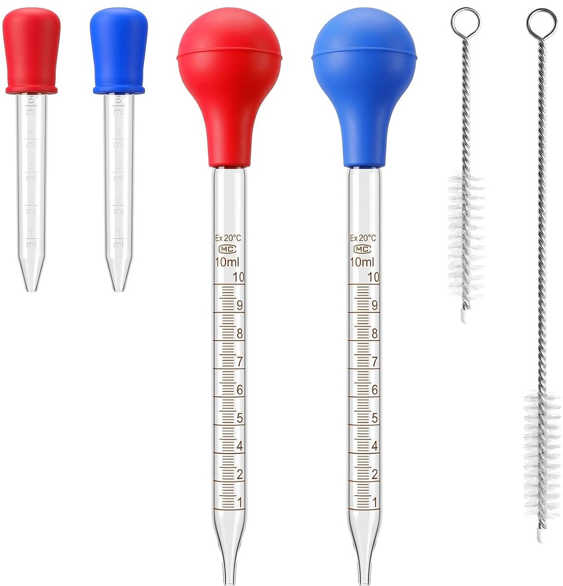 Pipettenset 4 stuks (2 x 5 ml, 2 x 10 ml), pipet met schaal - PP (5 ml) en glas (10 ml), met reinigingsborstels - ShopVlot