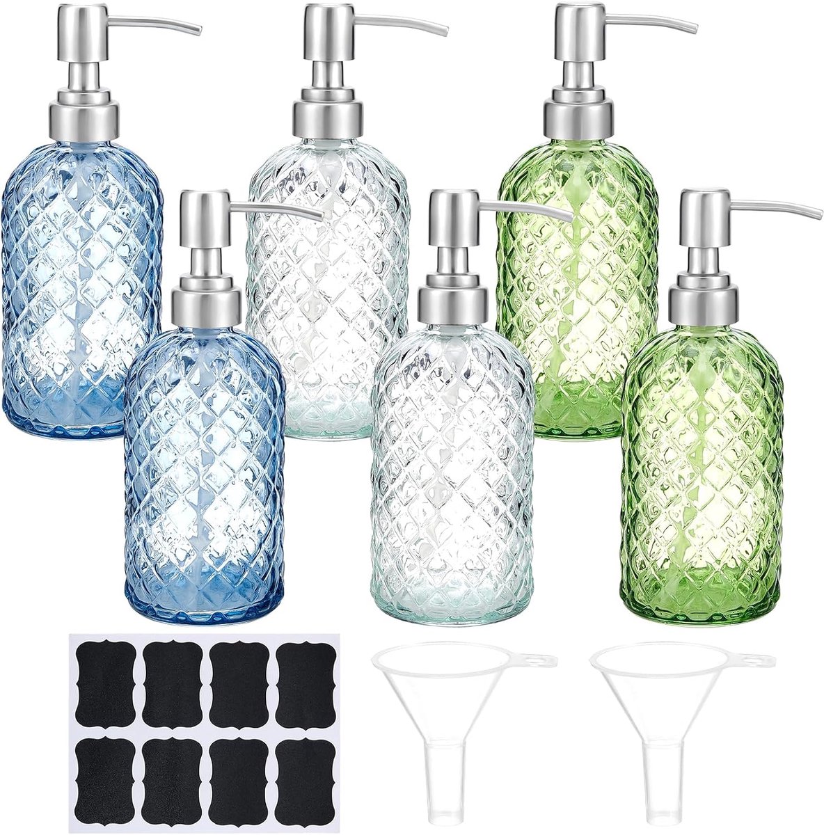 6 stuks 500 ml zeepdispenser van glas met diamantpatroon, navulbare zeepdispenser van glas met roestvrijstalen pomp - ShopVlot