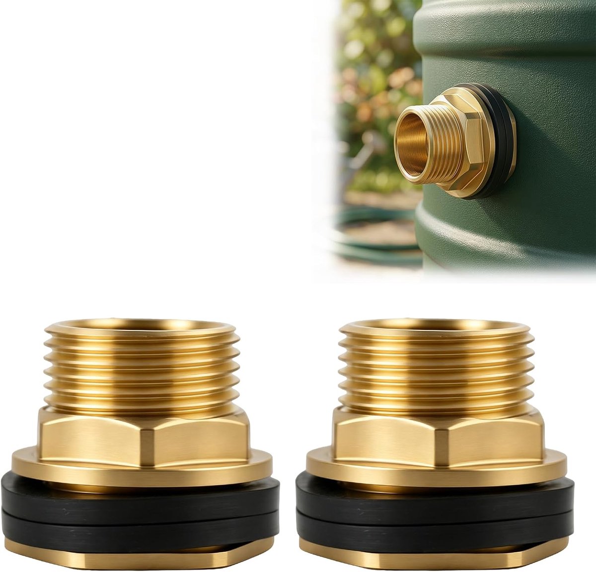 2 stuks regentondoorvoer 1 inch x 3/4 inch, tankschroefverbinding 1 inch buitendraad x 3/4 inch binnendraad, messing - ShopVlot